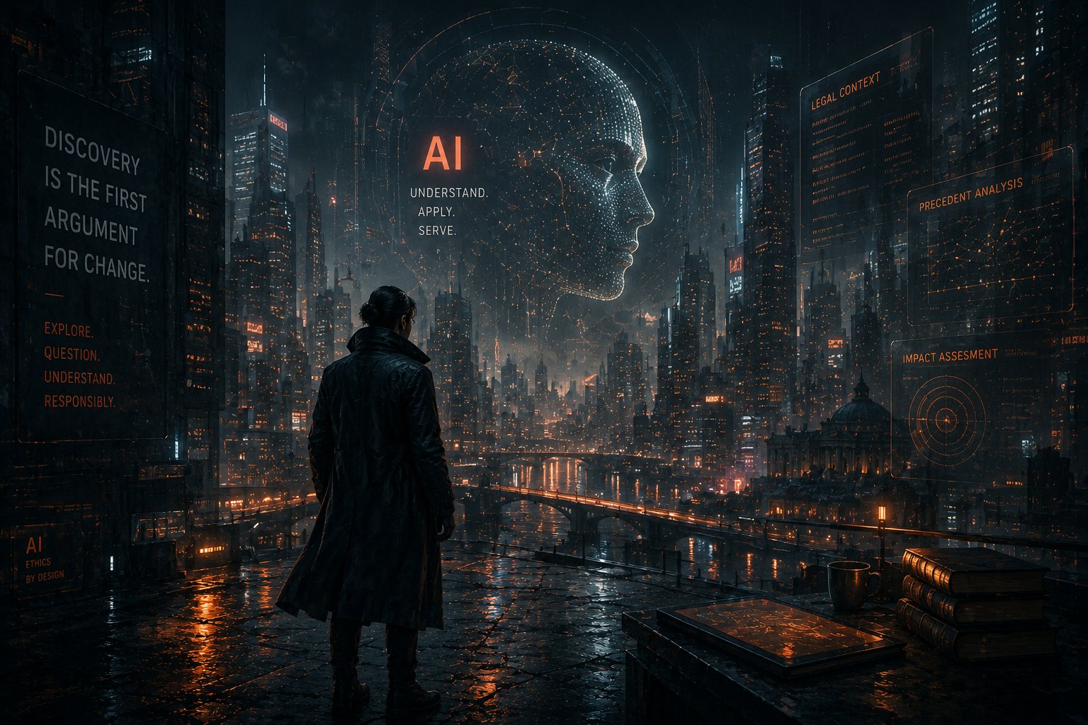 A lone figure stands before a vast AI-dominated cityscape, contemplating the intersection of law and artificial intelligence.