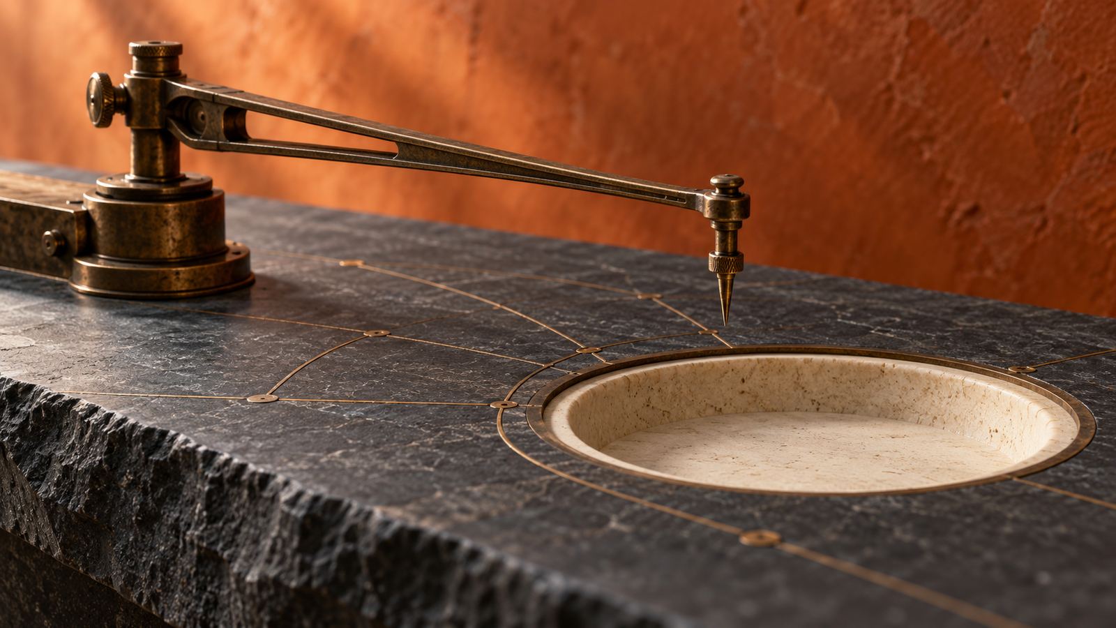 A brass measuring arm on a dark stone bench, its point hovering over a web of inlaid brass lines beside a shallow cream stone basin, against a burnt-orange wall.