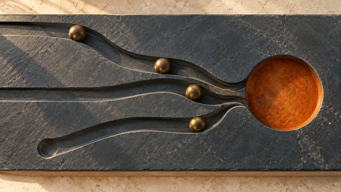 Four brass balls in grooves carved into dark stone, three channels running toward a rust-orange basin and one curving away to an empty hollow.