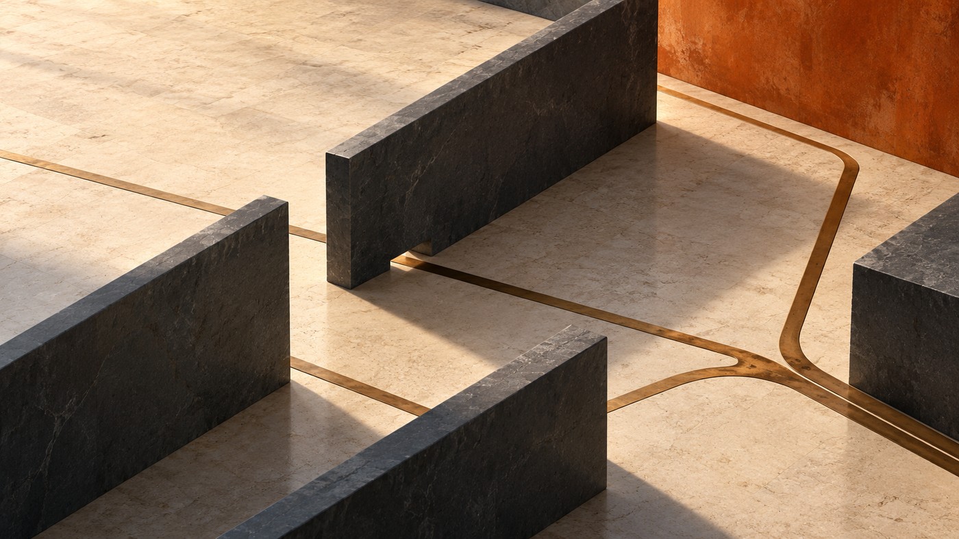 Dark stone walls on a pale stone floor, with an inlaid brass line running between them and splitting into two paths, one bending away toward a burnt-orange wall.