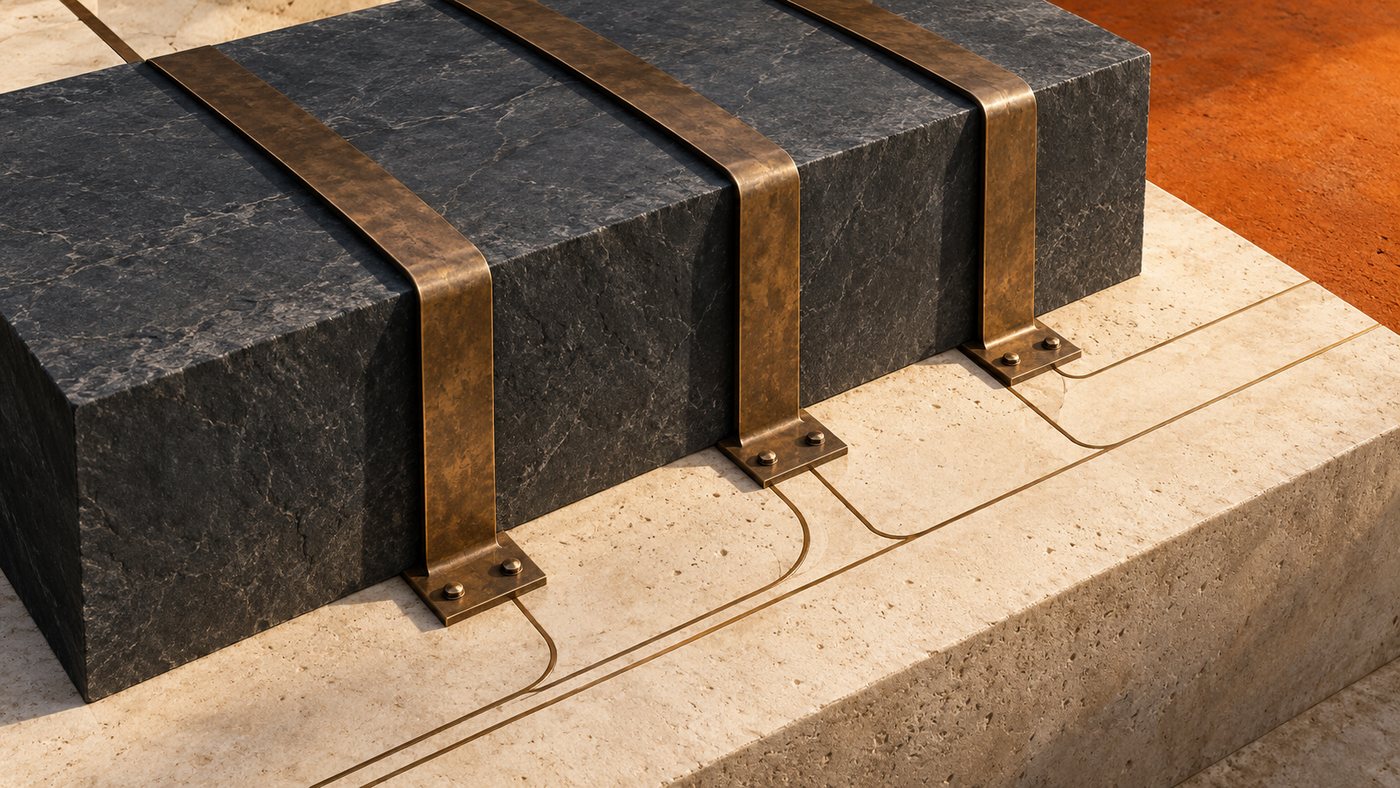 A dark stone block held down by three bronze straps bolted to a pale stone plinth, fine brass lines running out from each fixing.