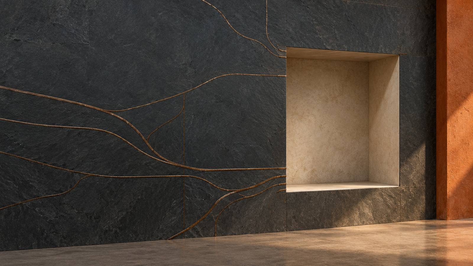 A dark slate wall inlaid with branching brass lines that all run into an empty, cream-lit recess, beside a burnt-orange column.