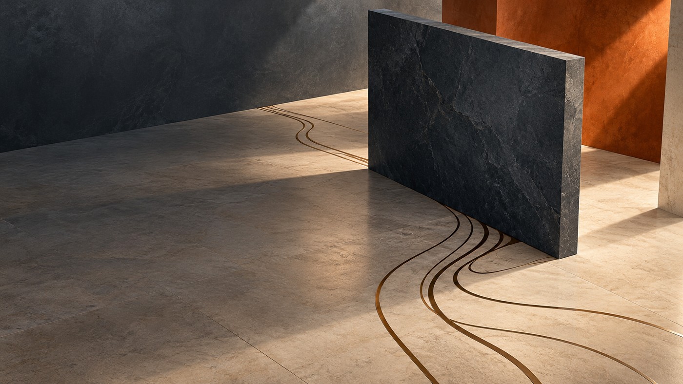 A dark stone slab standing on a pale floor, brass lines inlaid in the floor curving out from behind it while the rest of their course is hidden from view.