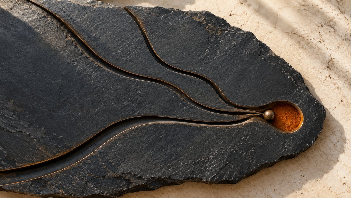 A rough slab of dark stone carved with flowing brass-edged grooves that converge on a single brass ball resting at a small rust-orange hollow.