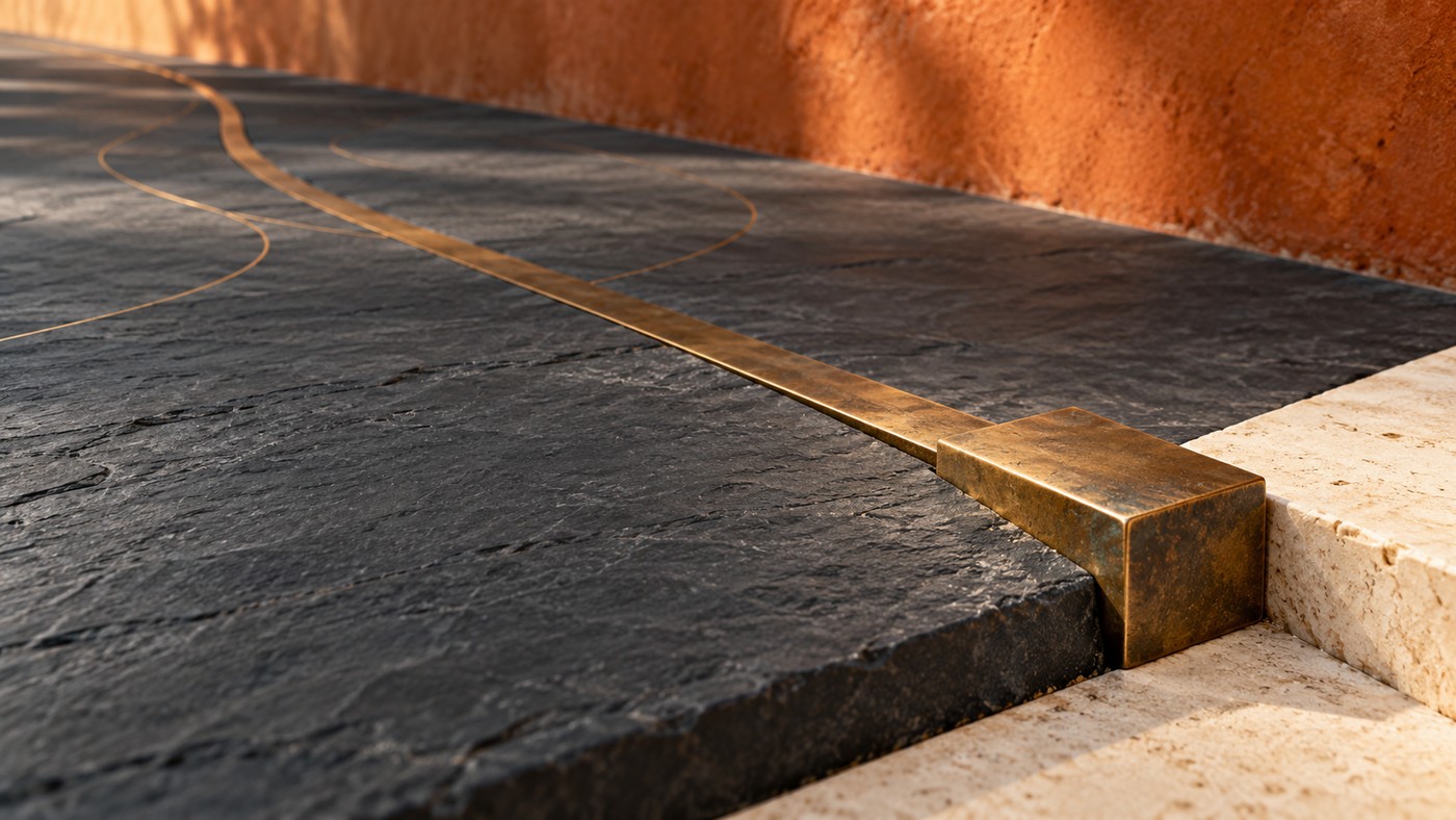 A single brass strip inlaid in dark stone, ending in a solid brass block set against a pale stone step, with a burnt-orange wall behind.