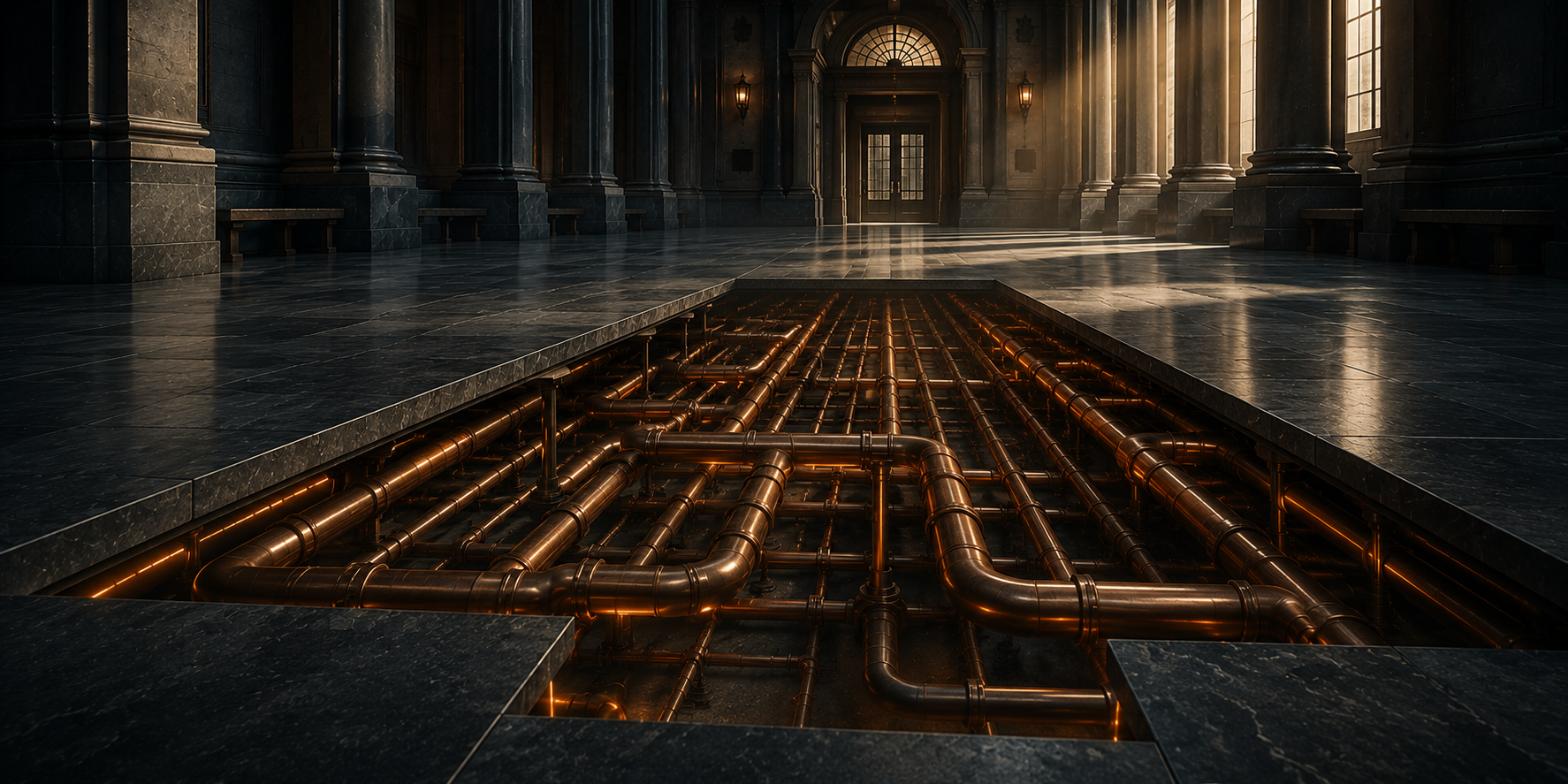 A hall of dark slate stone with a section of floor lifted, revealing an orderly network of copper conduit running beneath it, lit warmly.