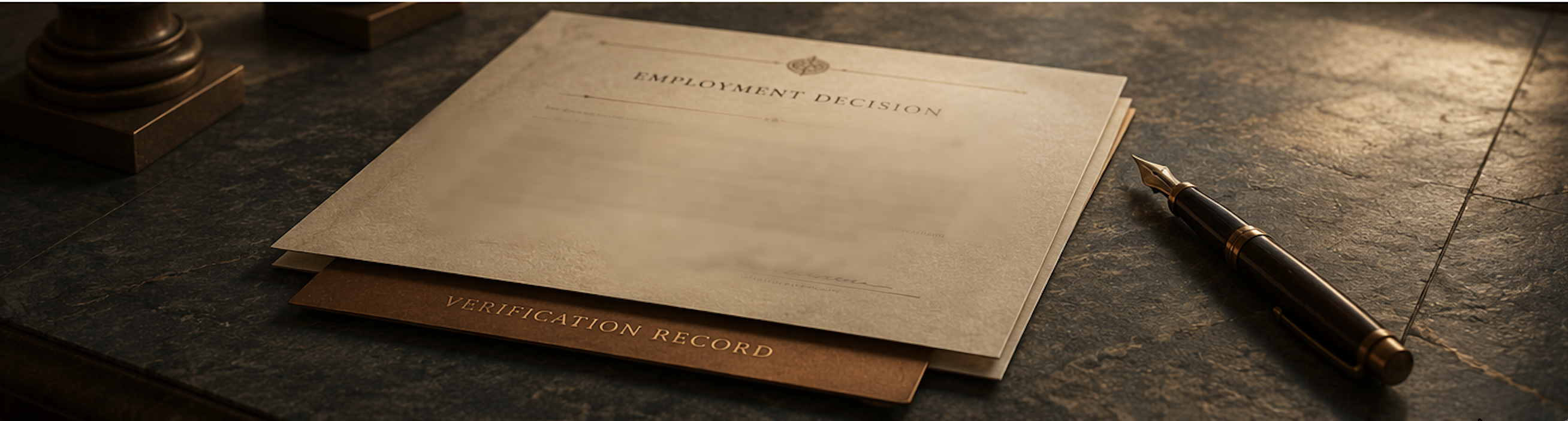 An employment decision document resting on dark slate beside a fountain pen, with a burnt-orange card beneath it labelled Verification Record.