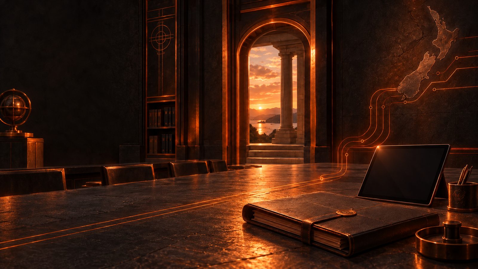 A dark marble hall in warm dawn light: a frosted glass panel showing a glowing waveform on the left, a line of small lit tablets marked with document, grid and chart icons running along the stone toward a single illuminated ledger on a plinth, an archway opening onto mountains and a lake, and a faint map of New Zealand etched on the far wall.