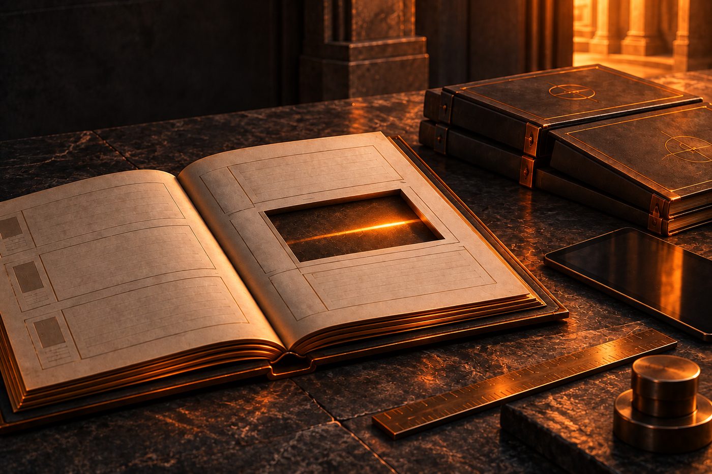 An open ledger of blank ruled pages on a dark stone desk, one panel cut away to a glowing line beneath.