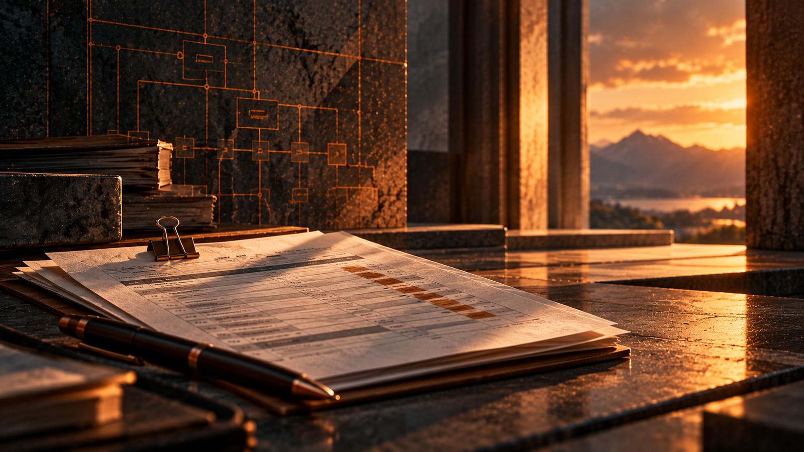A clipped redundancy score sheet on a dark stone desk at sunset, one column of cells picked out in burnt orange, a pen across the page, a bronze flowchart etched on the wall behind and mountains beyond an open window.