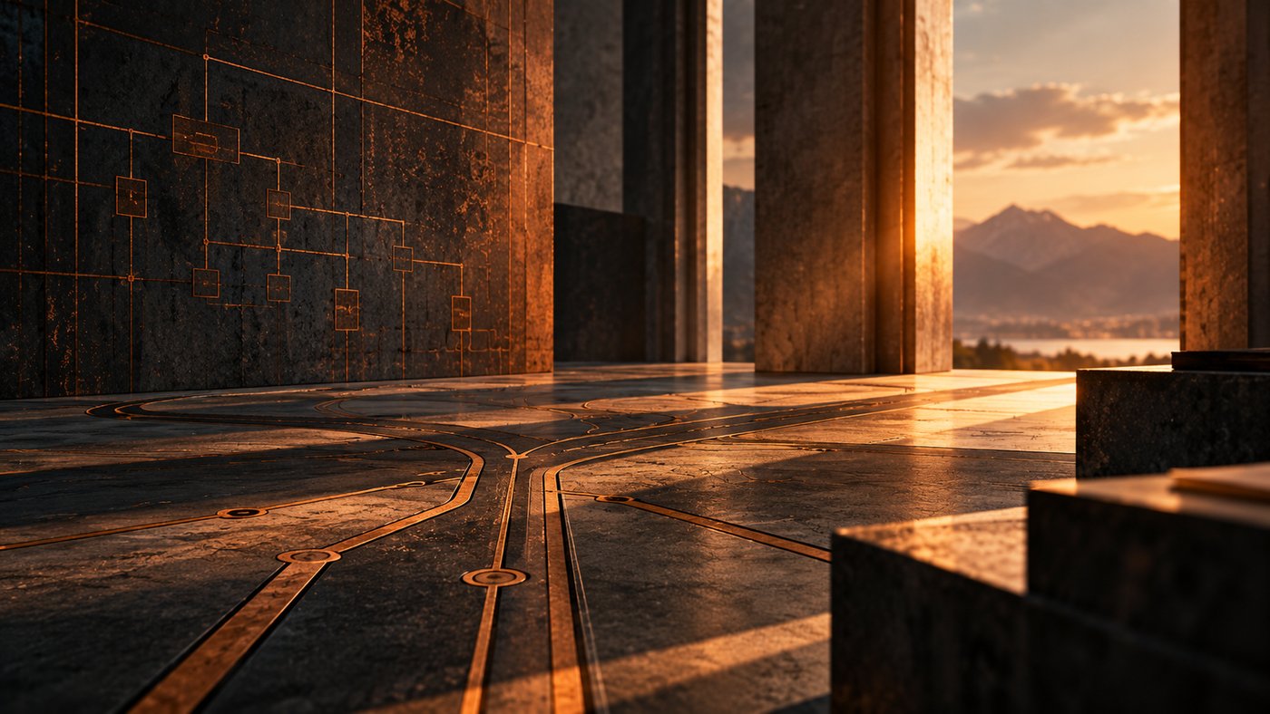 A dark slate hall in low sunset light, a faint bronze flowchart etched into the stone wall and bronze lines running across the floor towards an open portico that looks out over mountains and water.