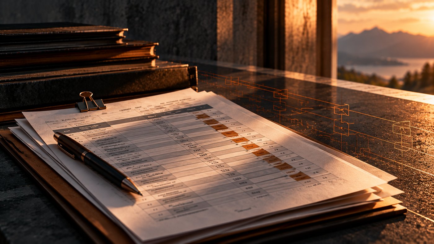 A clipped stack of cream score sheets on dark stone in late golden light, one column of cells picked out in burnt orange, a pen resting across the page and a faint bronze flowchart beside it.
