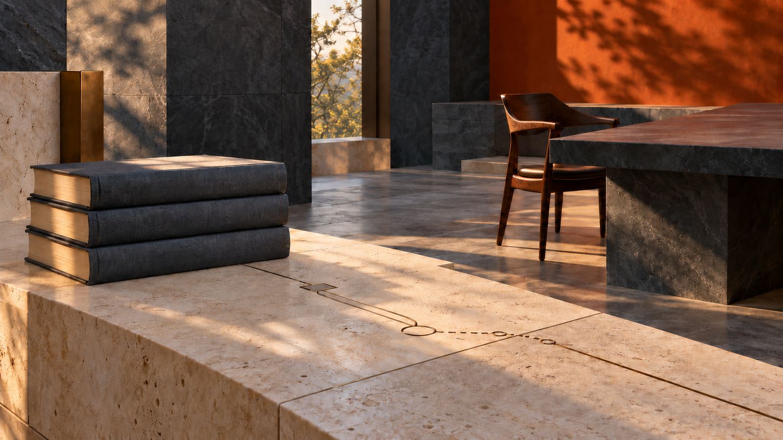 A stack of three dark cloth-bound volumes on a pale stone ledge in warm raking light, a brass line inlaid in the stone running towards an empty wooden chair at a dark stone table.