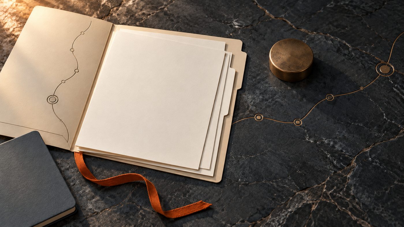 An open cream file folder of blank pages on dark veined stone, a burnt-orange ribbon trailing from it and a brass line with ringed markers running across the stone to a brass weight.