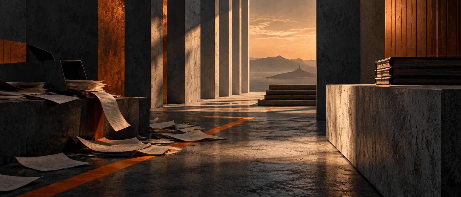A slate colonnade in warm dawn light, legal papers scattered across the dark stone floor, a burnt-orange line running between the columns toward a lit sea and a distant island beyond.
