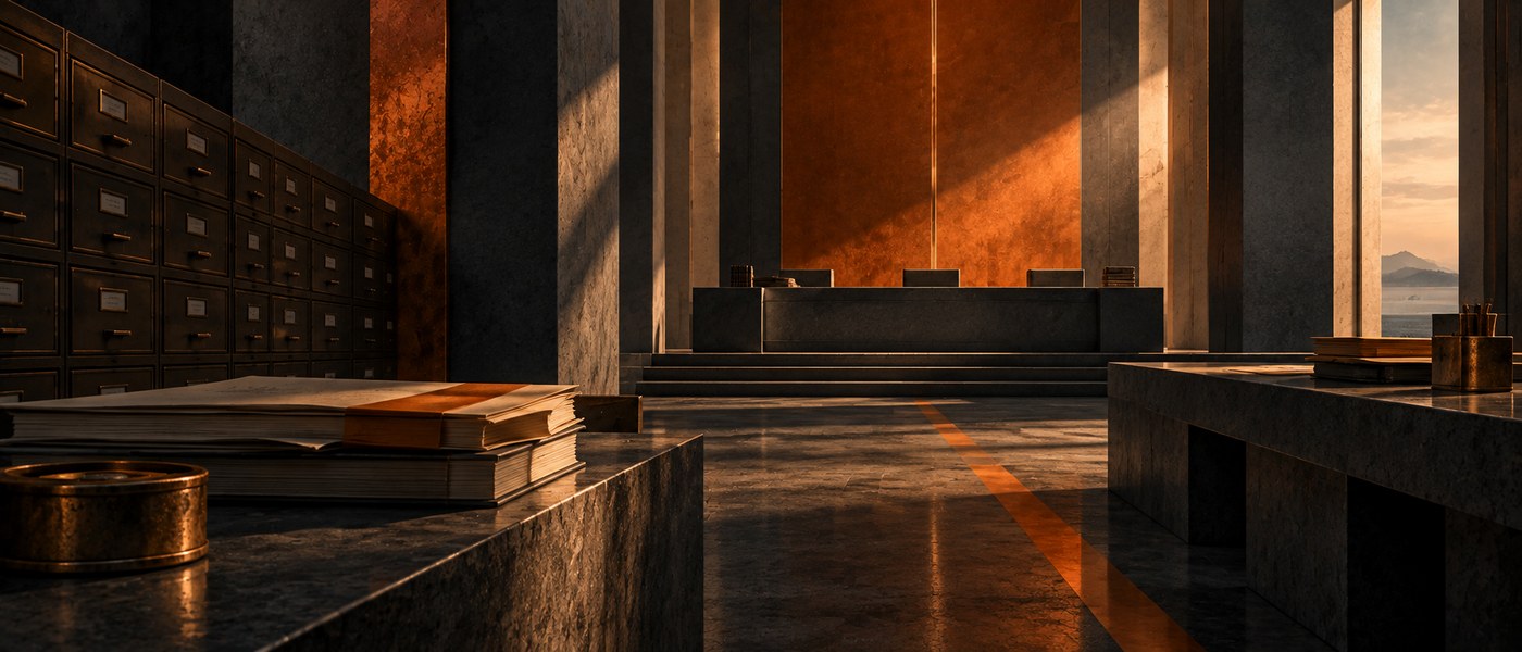 An institutional hall in slate and burnt orange: a raised bench flanked by tall columns, a wall of brass filing cabinets to one side, and a burnt-orange line crossing the polished floor toward a window and distant hills.