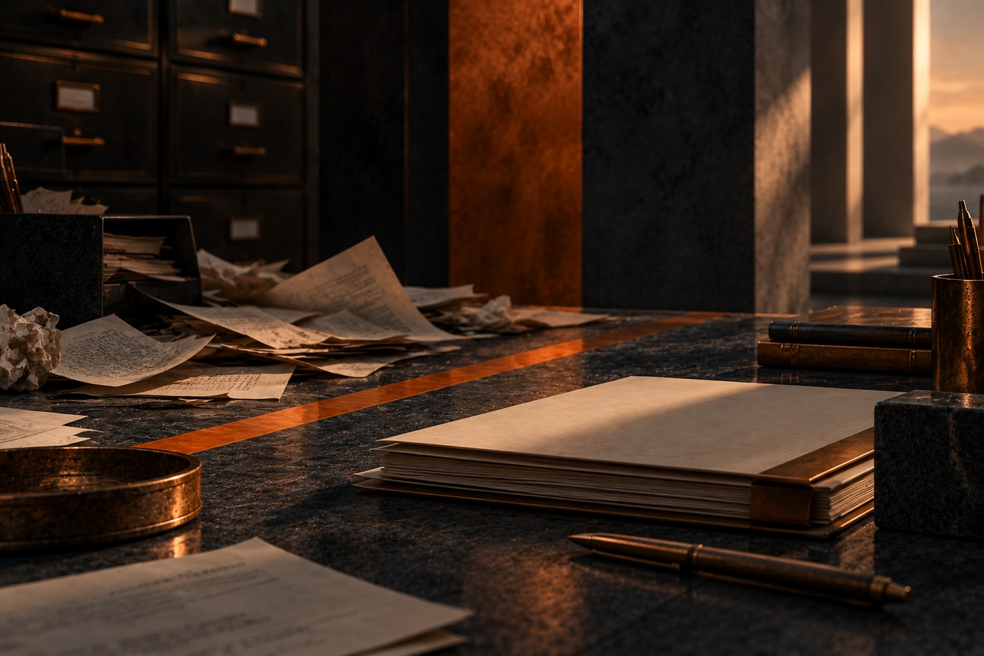 A close view of a slate desk in warm light: a closed cream ledger and a brass pen beside a burnt-orange inlaid line, with loose papers and open files scattered on the surface behind.