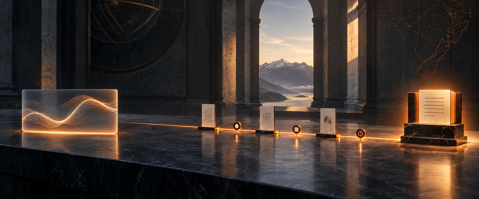 A dark marble hall in warm dawn light: a frosted glass panel showing a glowing waveform on the left, a line of small lit tablets marked with document, grid and chart icons running along the stone toward a single illuminated ledger on a plinth, an archway opening onto mountains and a lake, and a faint map of New Zealand etched on the far wall.