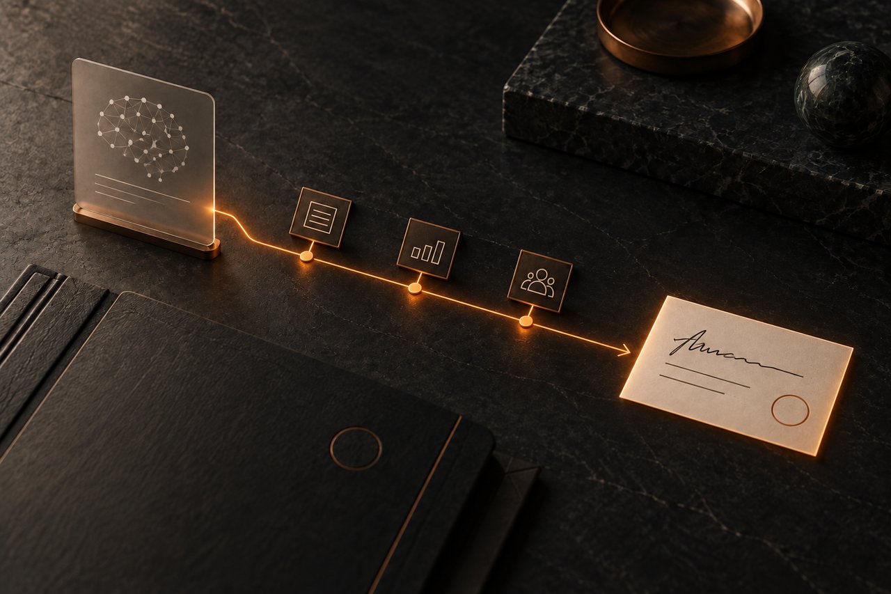 A frosted panel bearing a glowing neural network on a dark slate desk, a burnt-orange line running from it through three icons — a document, a bar chart, and a group of people — and ending at a signed card.