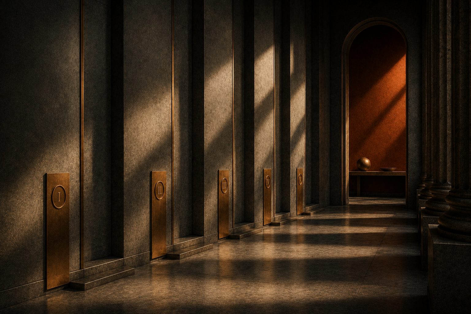 A dark slate corridor in warm, raking light, with five brass plaques set along the wall numbered I to V, leading towards an arched alcove in burnt orange at the far end.