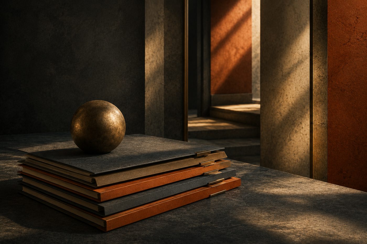 A stack of folders in slate, cream, and burnt orange with a burnished brass sphere resting on top, on a stone surface, a lit doorway and steps beyond in warm light.