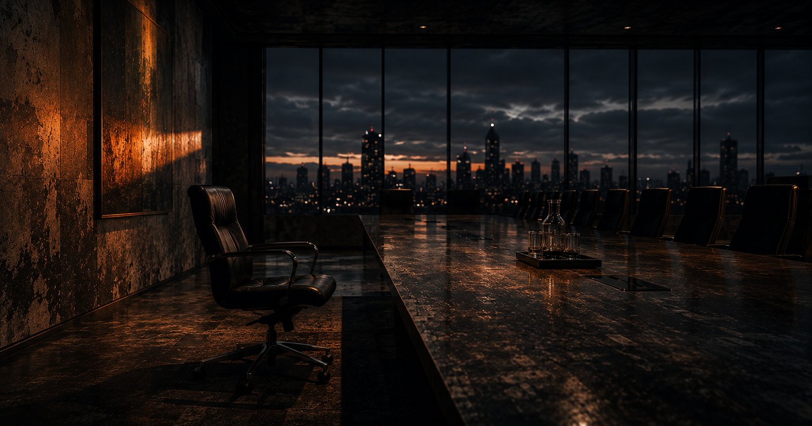 A dark, empty executive boardroom at dusk, one high-backed chair pulled slightly away from a long polished table, blurred city lights beyond floor-to-ceiling glass.