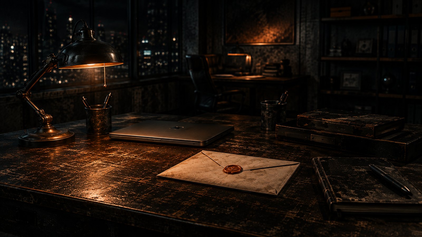 A single darkened desk in an empty corporate office at night, a closed laptop and an unopened envelope lit by a low warm desk lamp.