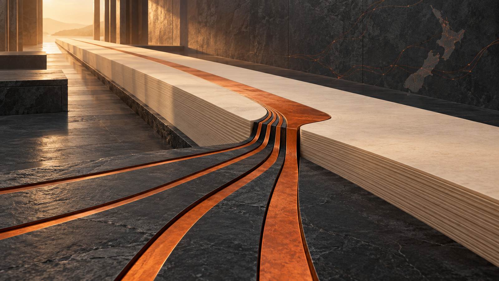 A long cream ledger laid along a dark stone floor in warm low light, with several burnt-orange metal lines peeling away from it and running off in different directions, and a faint map of New Zealand on the wall beyond.