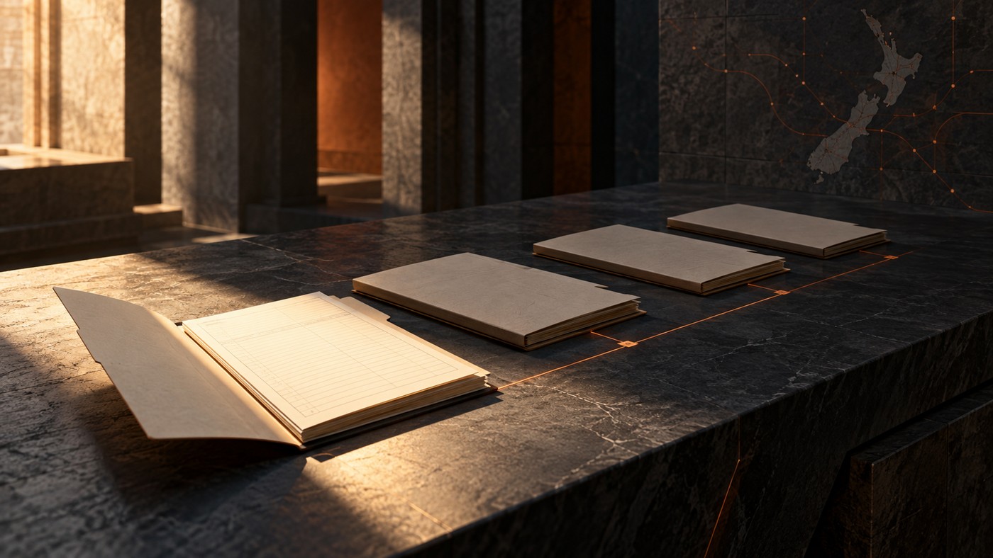 Four cream files laid in a row on a dark stone table in low warm light. Only the nearest is open, its ruled pages lit; the other three stay closed, joined to it by a thin burnt-orange line, beneath a faint map of New Zealand on the wall.