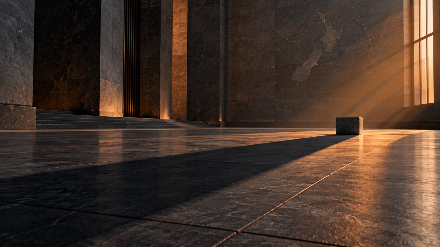 A vast dark stone hall in late golden light: a single small stone block on the polished floor casts a long shadow towards the viewer, with tall pillars, a staircase, and a faint map of New Zealand on the far wall.