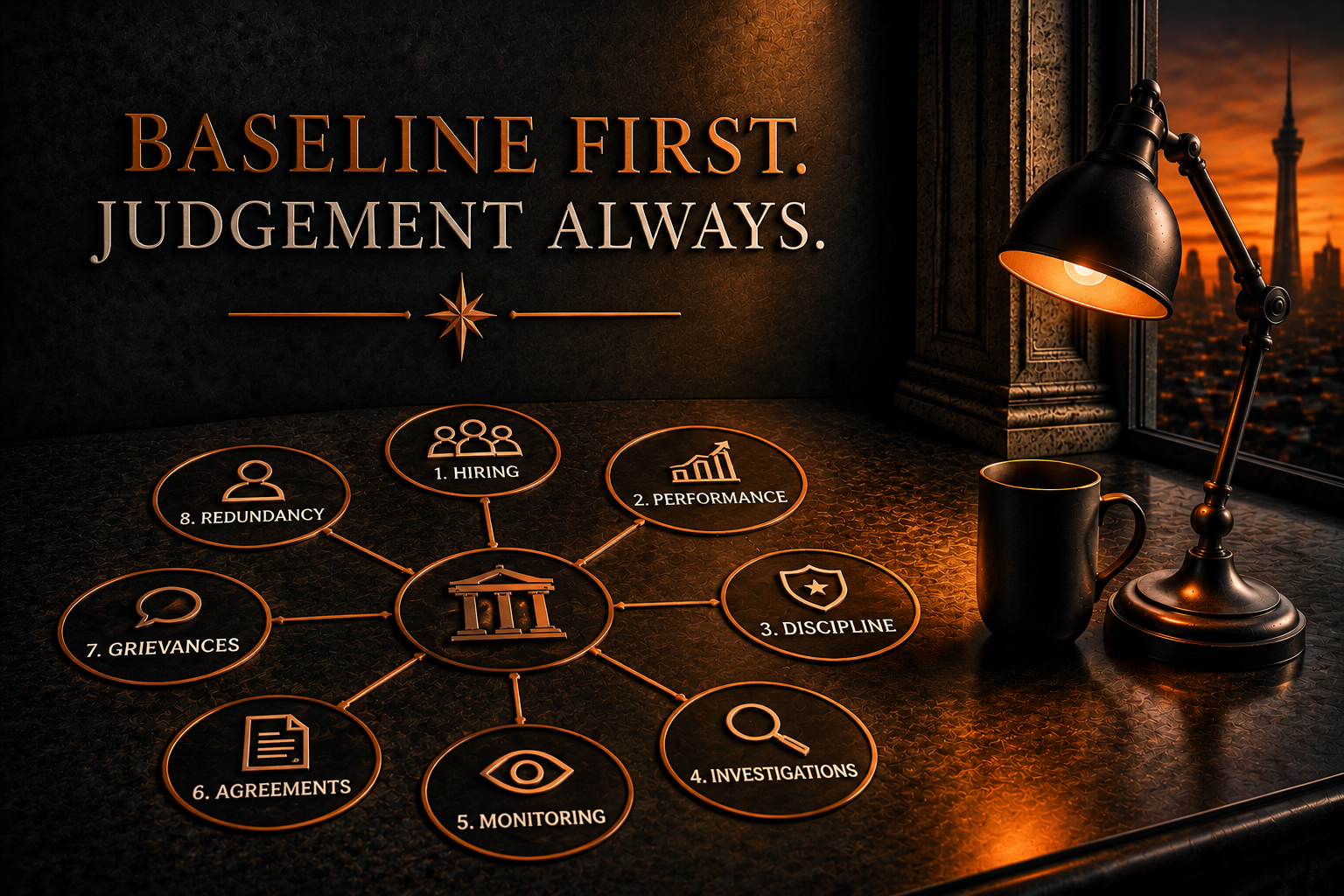A dark polished desk lit by a single lamp, with a burnt-orange network diagram radiating from a small classical courthouse icon to eight labelled nodes — hiring, performance, discipline, investigations, monitoring, agreements, grievances, and redundancy — beneath the words ‘Baseline First. Judgement Always.’ A city skyline glows at dusk through the window.