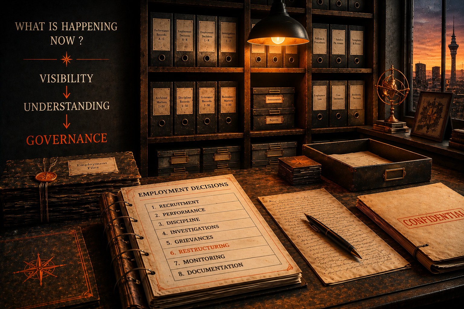 A dim archive room. On a chalkboard the question ‘What is happening now?’ sits above a ladder reading Visibility, Understanding, Governance. On the desk an open ledger headed ‘Employment Decisions’ lists recruitment, performance, discipline, investigations, grievances, restructuring, monitoring, and documentation, beside shelves of labelled files and a confidential folder.