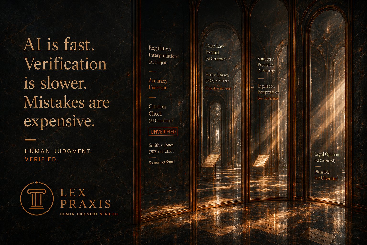 AI is fast. Verification is slower. Mistakes are expensive. — Lex Praxis