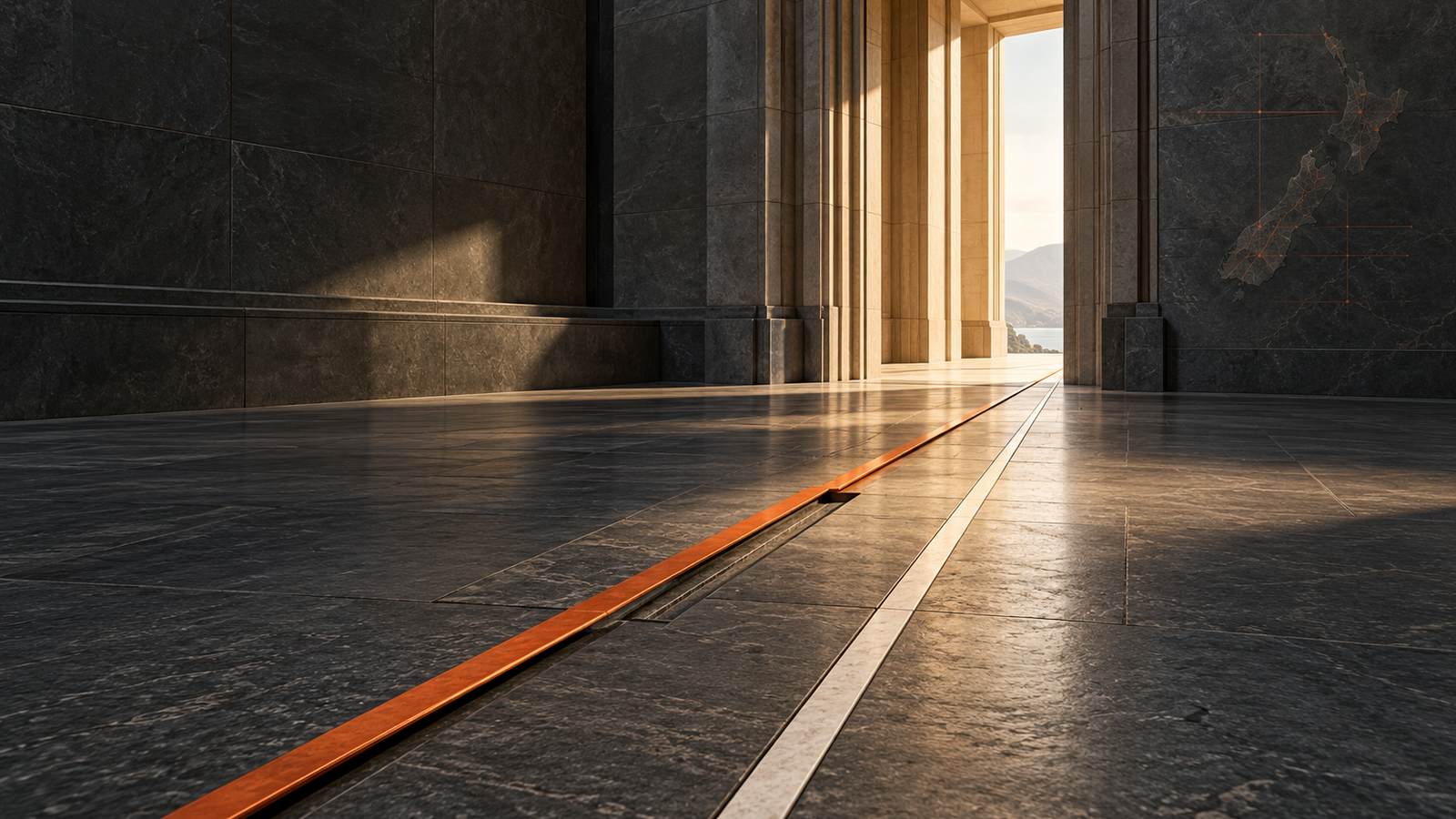 A dark stone hall floor in warm light: a burnt-orange line and a pale cream line run side by side toward a bright doorway, the orange line stepped out of alignment at a joint while the cream line runs straight on, with a faint map of New Zealand on the wall.