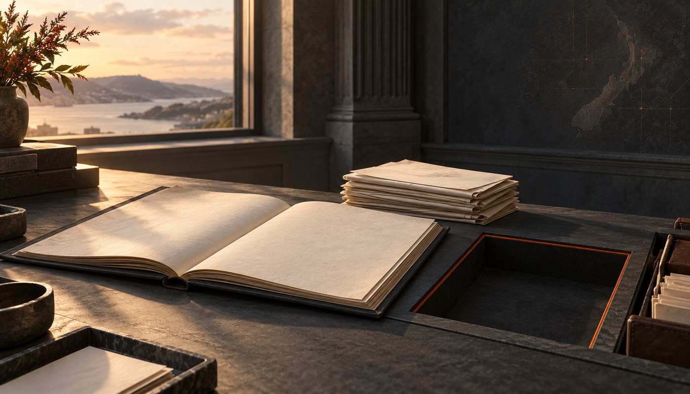 A dark stone desk in late evening light by a harbour window: a large ledger lies open at blank cream pages beside a neat stack of papers and an empty tray edged in burnt orange, with a faint map of New Zealand on the wall behind.