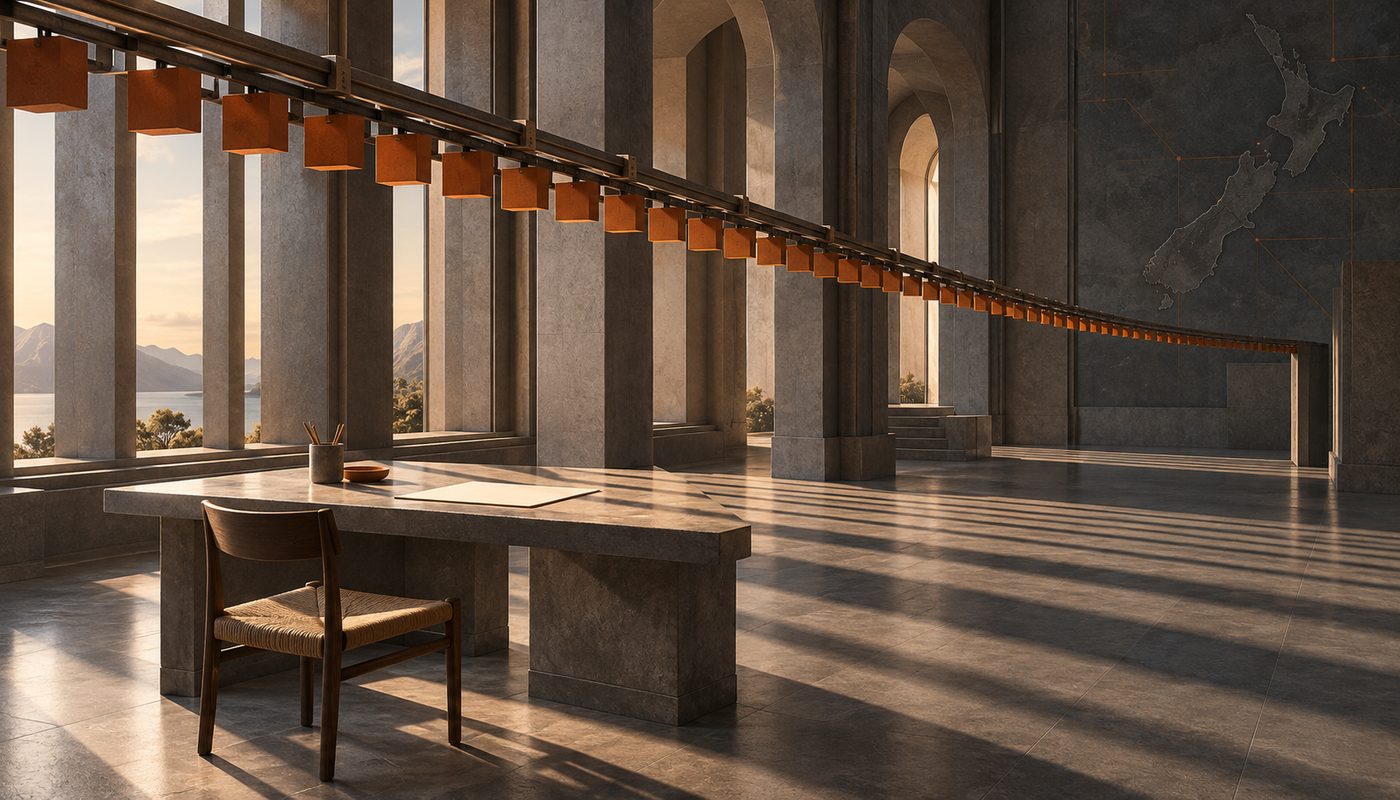 A long stone hall in warm afternoon light: an endless row of burnt-orange boxes runs along an overhead rail into the distance, above an empty desk and chair, with lake and mountains beyond the windows and a faint map of New Zealand on the far wall.