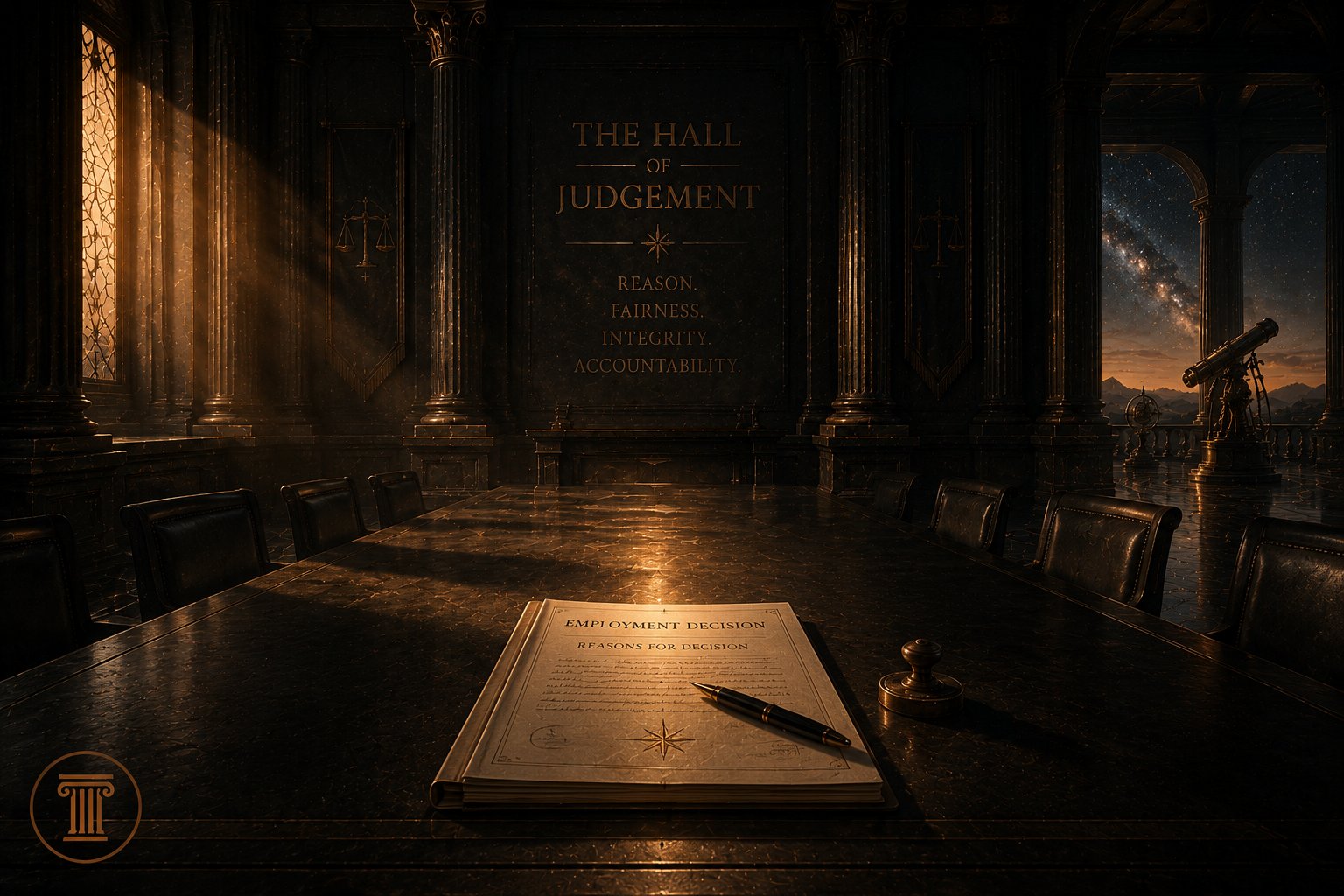 A dark marble hall in slate and warm light; a single shaft falls across a long table where an open document headed ‘Employment Decision — Reasons for Decision’ rests with a pen, beneath a wall reading Reason, Fairness, Integrity, Accountability.