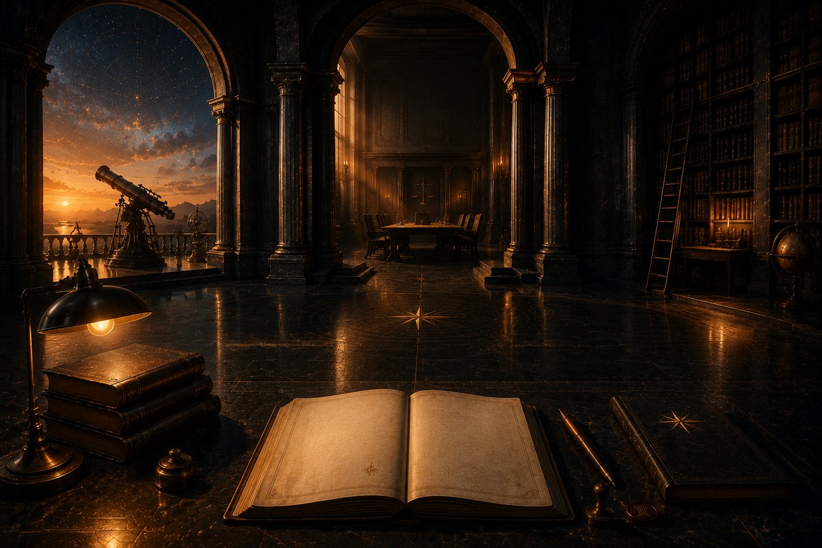A quiet observatory library at dusk; a large open ledger lies blank on a dark marble table beside a brass lamp, stacked law books, and a telescope at the window — the record before it is written.
