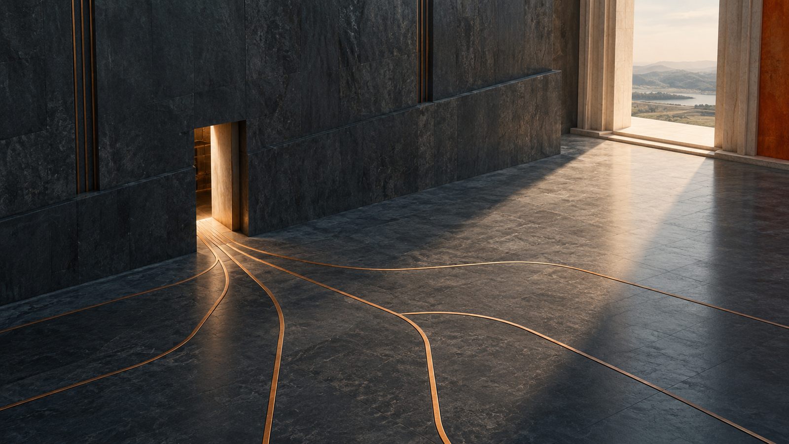 A dark slate hall with a narrow lit doorway set into one wall, fine bronze lines running out from it across the stone floor, and an open portico at the far end looking out over hills and water.