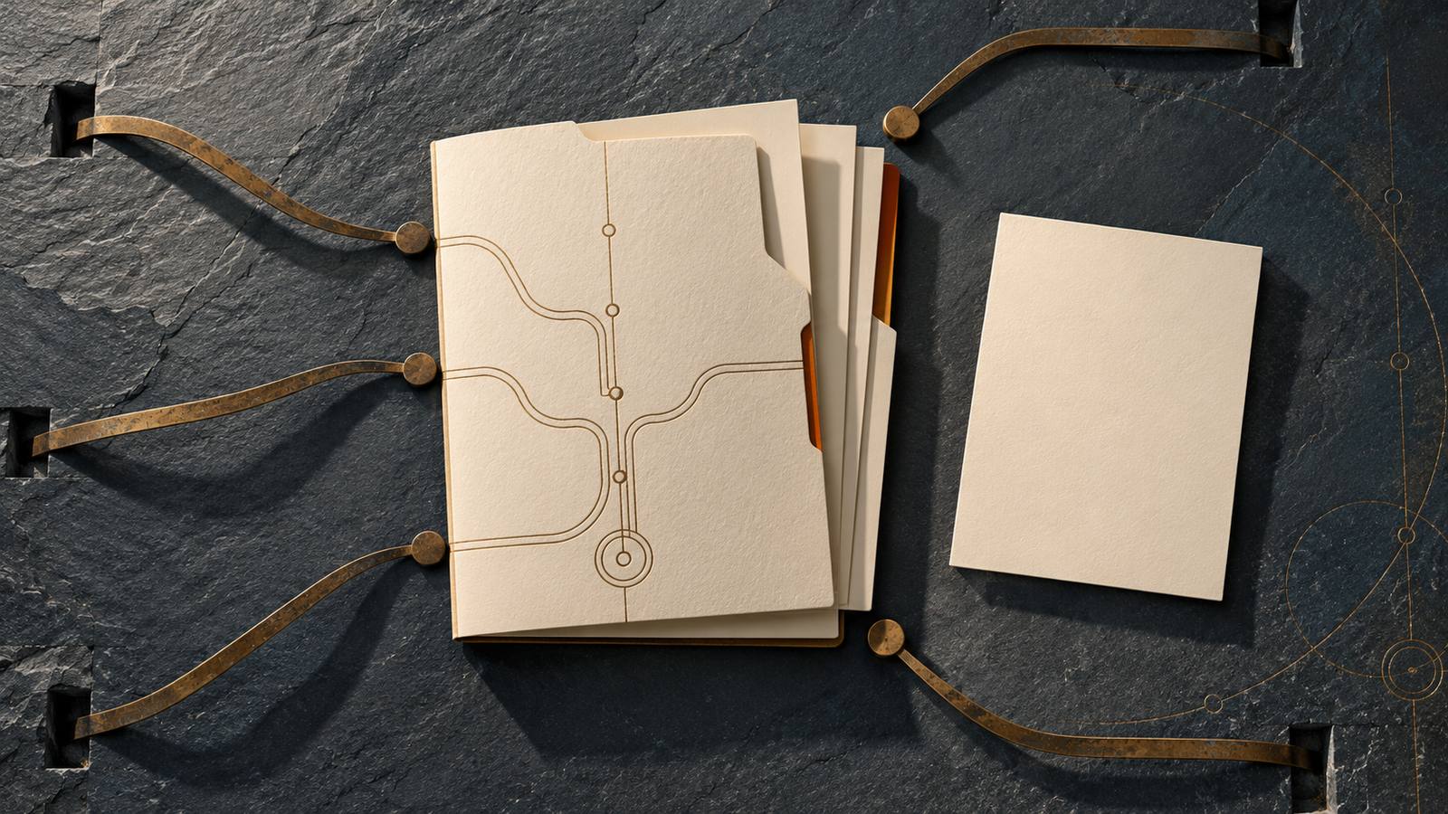 A cream folder engraved with converging bronze lines lies on dark slate, bronze straps running into it from every side, beside a single blank cream page.
