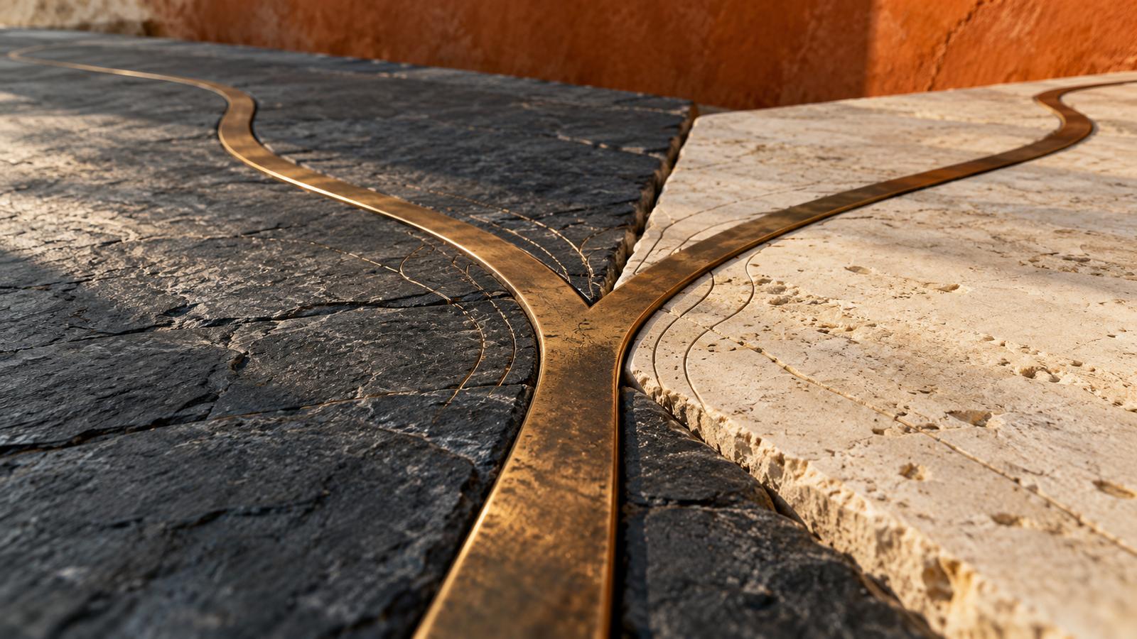 A bronze band inlaid in stone divides into two paths, one running across dark slate and one across pale travertine, beneath a burnt-orange wall in low warm light.
