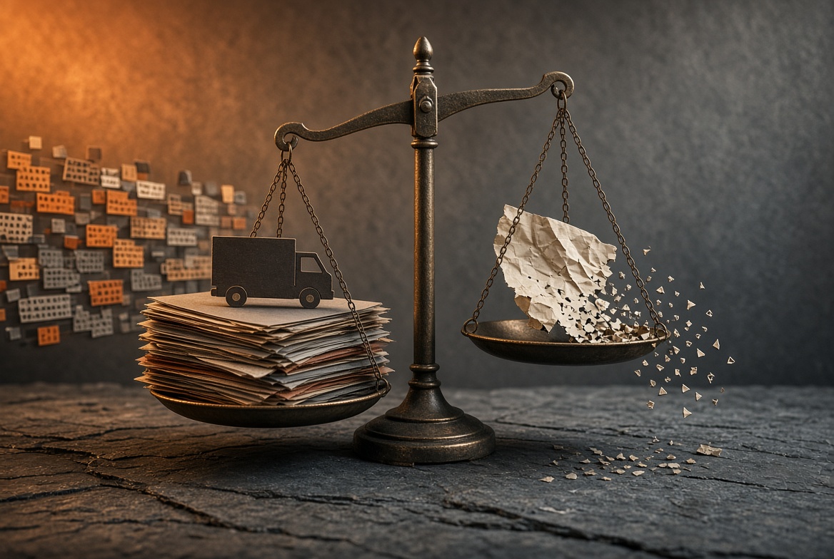 A disciplinary file stamped FINAL WARNING under a warm desk lamp, a handwritten note clipped to it reading ‘Did he understand?’, with a volume of the Employment Relations Act 2000, brass scales, and a termination letter beside it.