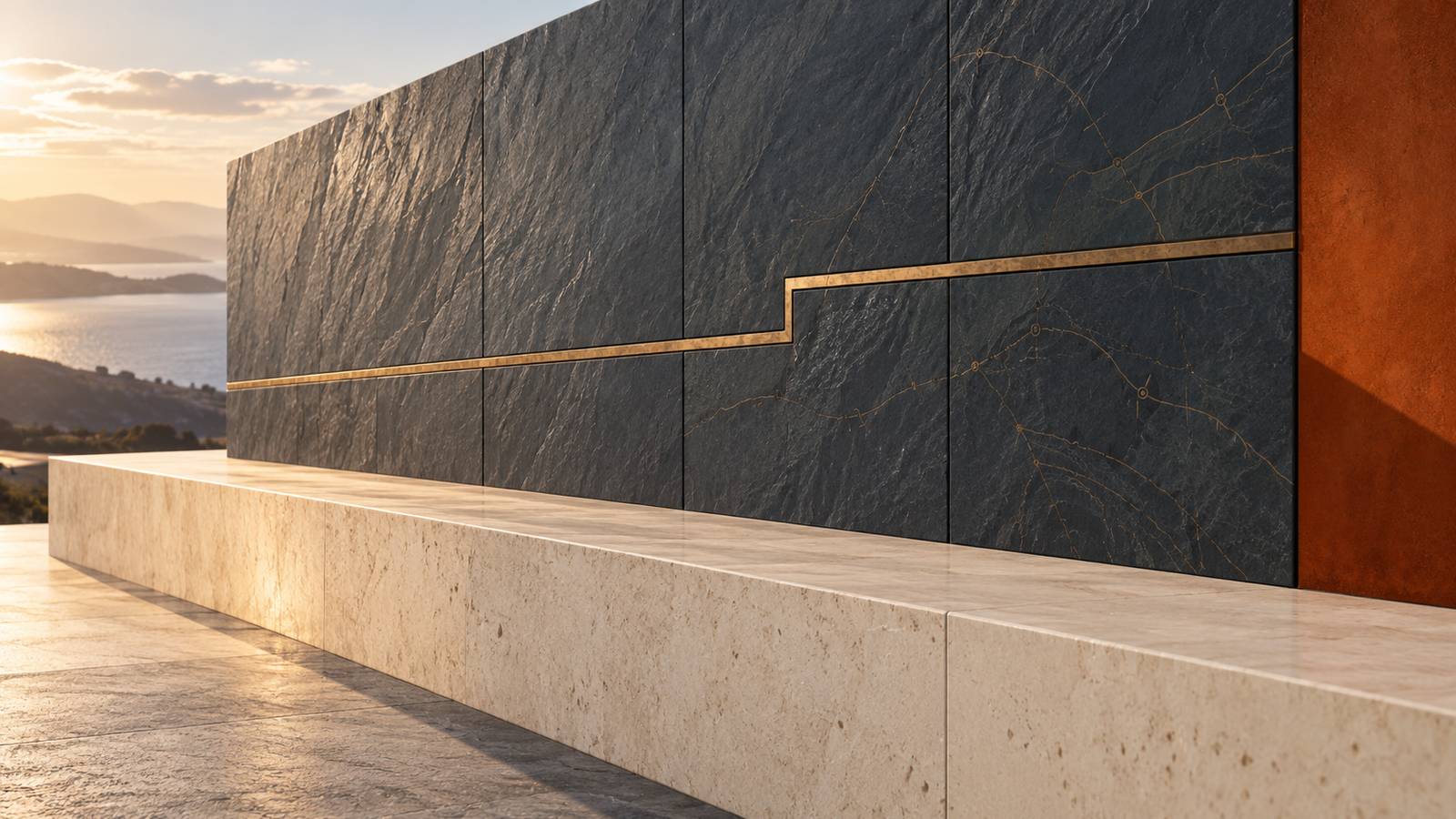A wall of dark slate panels above a pale stone ledge in warm evening light, a bronze line inlaid across them that steps up partway along, with a burnt-orange wall at one end and a harbour beyond.