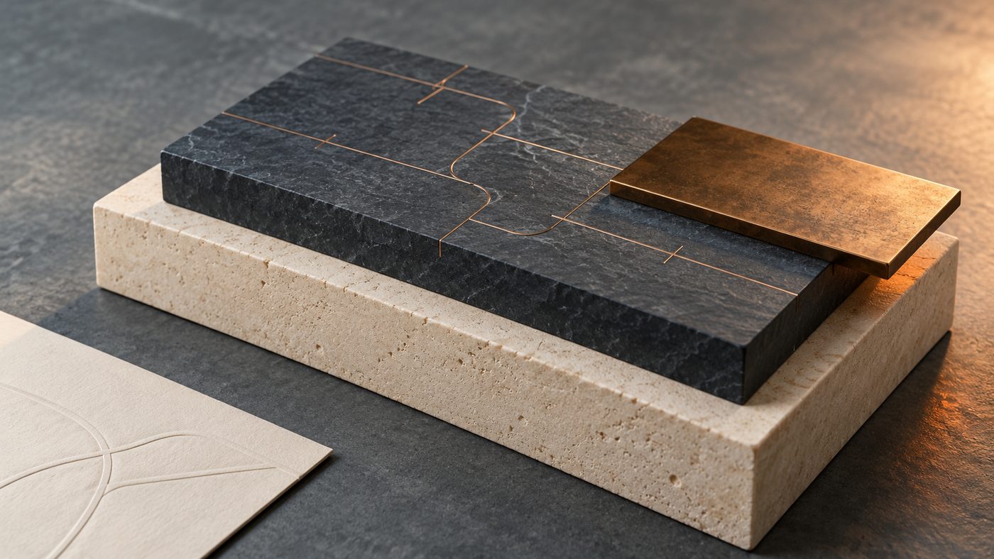 A dark slate block inlaid with fine copper lines resting on a pale travertine base, a bronze plate laid across one end, beside a cream card with an embossed curve.