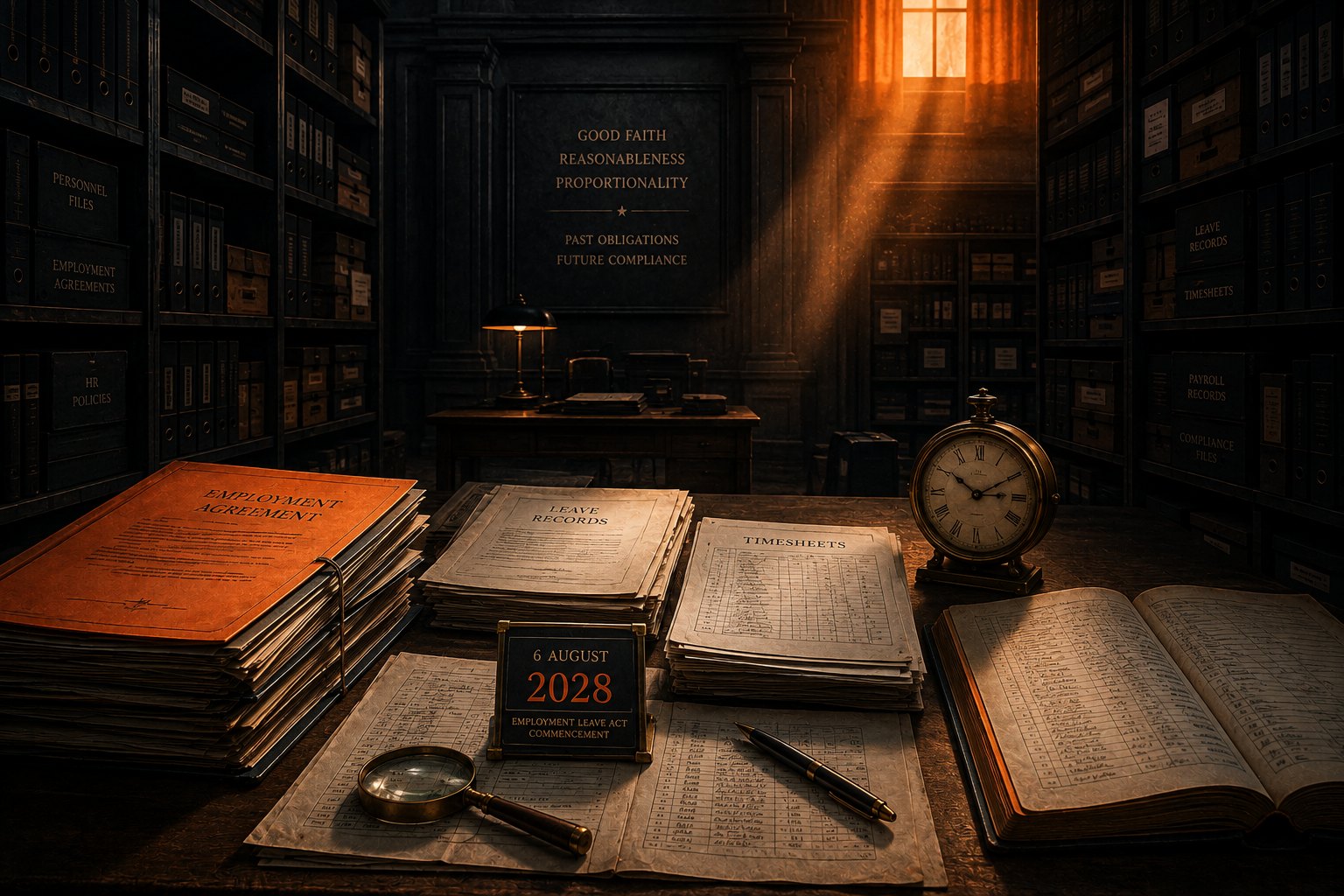 A wall calendar and neatly stacked payroll documents on a dark desk, lit by a low warm lamp, an office window glowing faintly beyond.