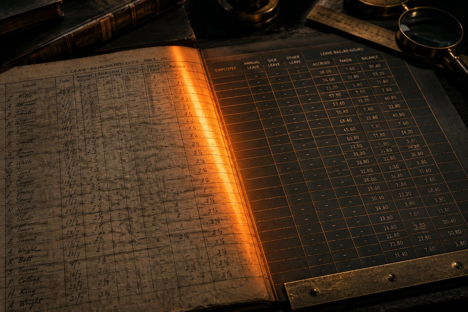 A close-up of a payroll ledger and a calendar page under warm light, the rest of the desk falling into deep slate shadow.