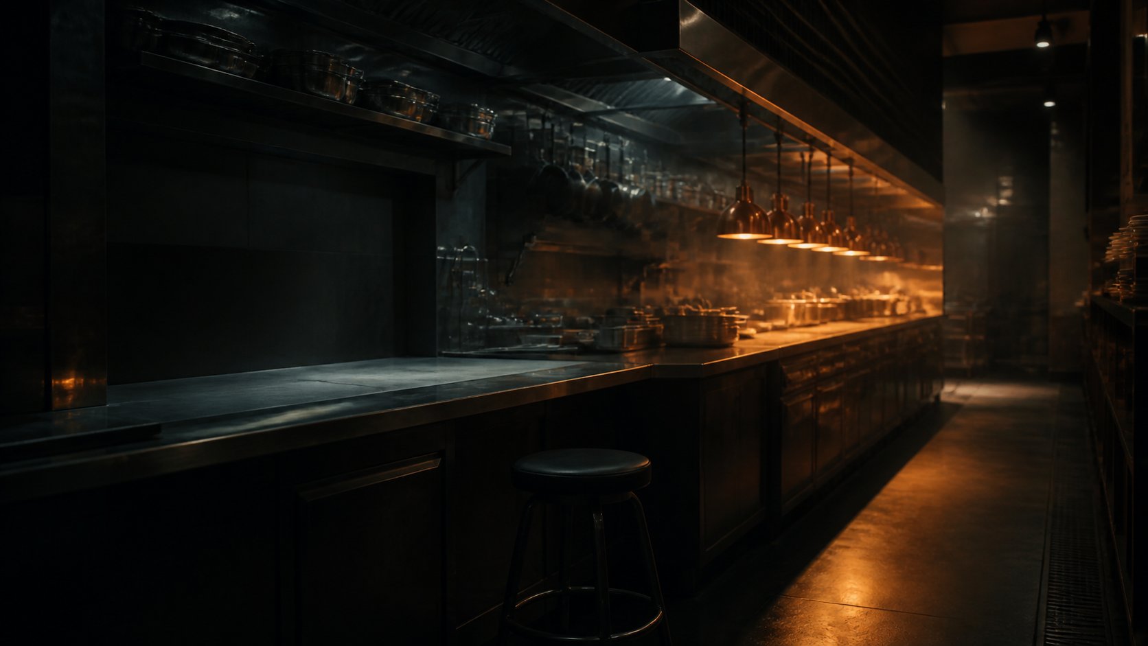 A dark, near-empty restaurant kitchen at night, warm heat lamps glowing over the service pass and a single bar stool standing alone at the counter.