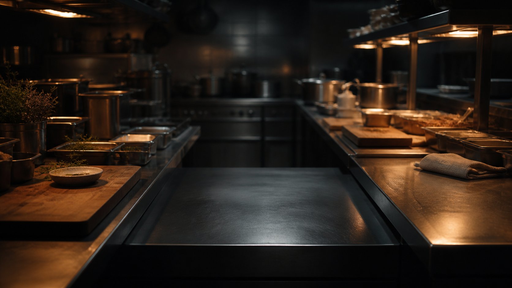 A dimly lit professional kitchen at night, an empty dark prep bench at the centre flanked by trays of prepared ingredients and stainless pots under warm light.