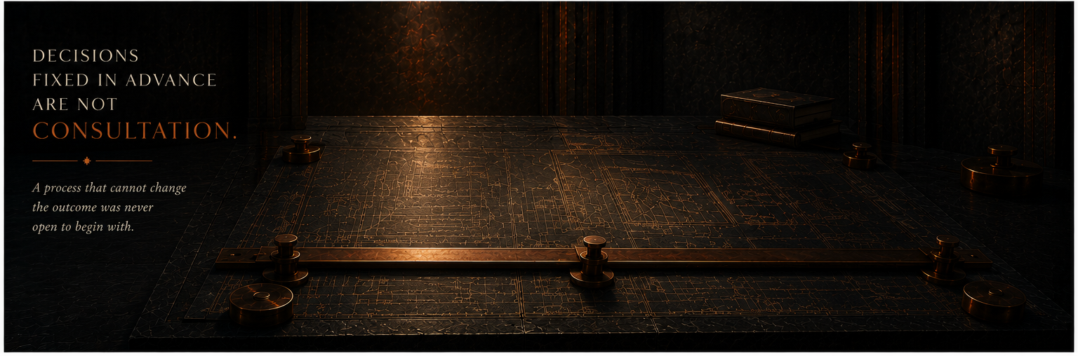 A stone drafting board clamped flat under brass bars, engraved with faint plans. Overlaid text reads: Decisions fixed in advance are not consultation — a process that cannot change the outcome was never open to begin with.