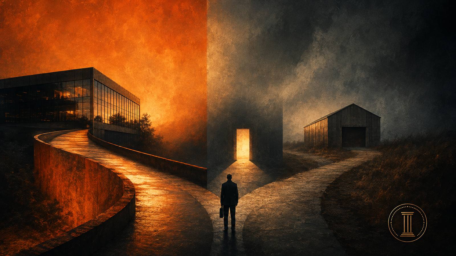 A lone figure with a briefcase stands at a fork between two lit paths at dusk, in slate and burnt orange: a warm-lit glass office building on one side and a dark rural warehouse on the other, a bright doorway between them.